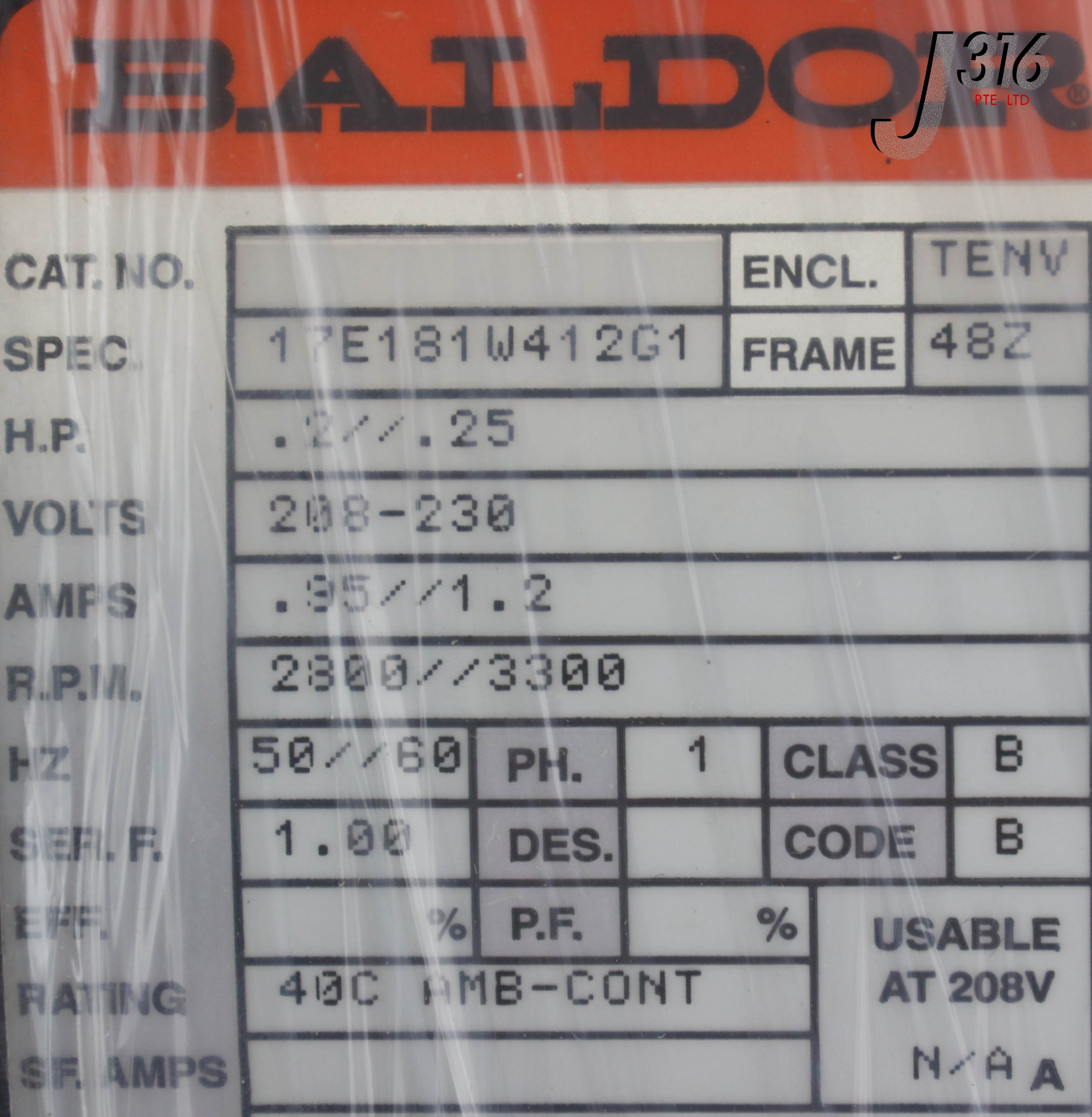 21884 BALDOR COMMERCIAL MTR 1PH 208-230V RPM 2800/3000 156403 NEW